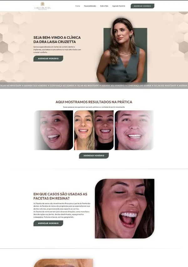 Landing page da clínica da Dra. Laisa Cruzetta, de lentes de contato dental e implantes